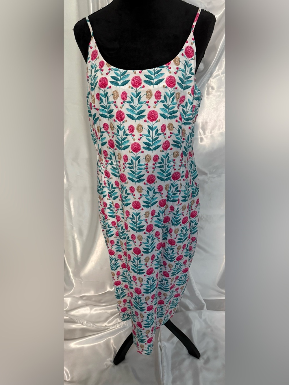 Floral Slip Dress in White with Pink & Teal Print